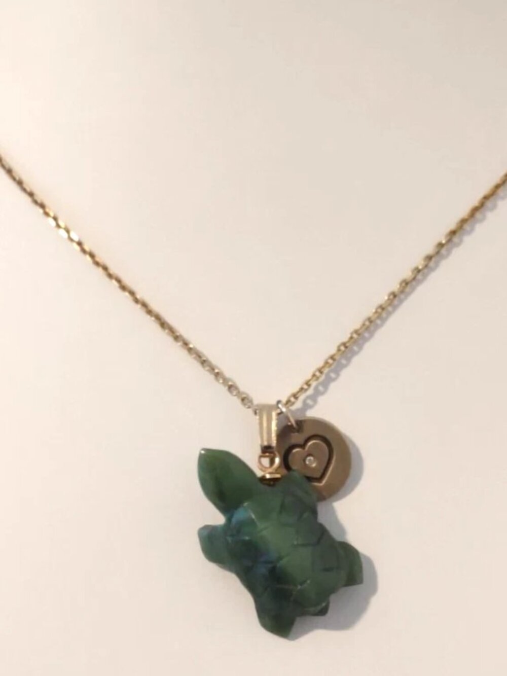 Necklace Green Jade Turtle + Circle-Heart Charm Sterling Silver 925-Gold Vermeil